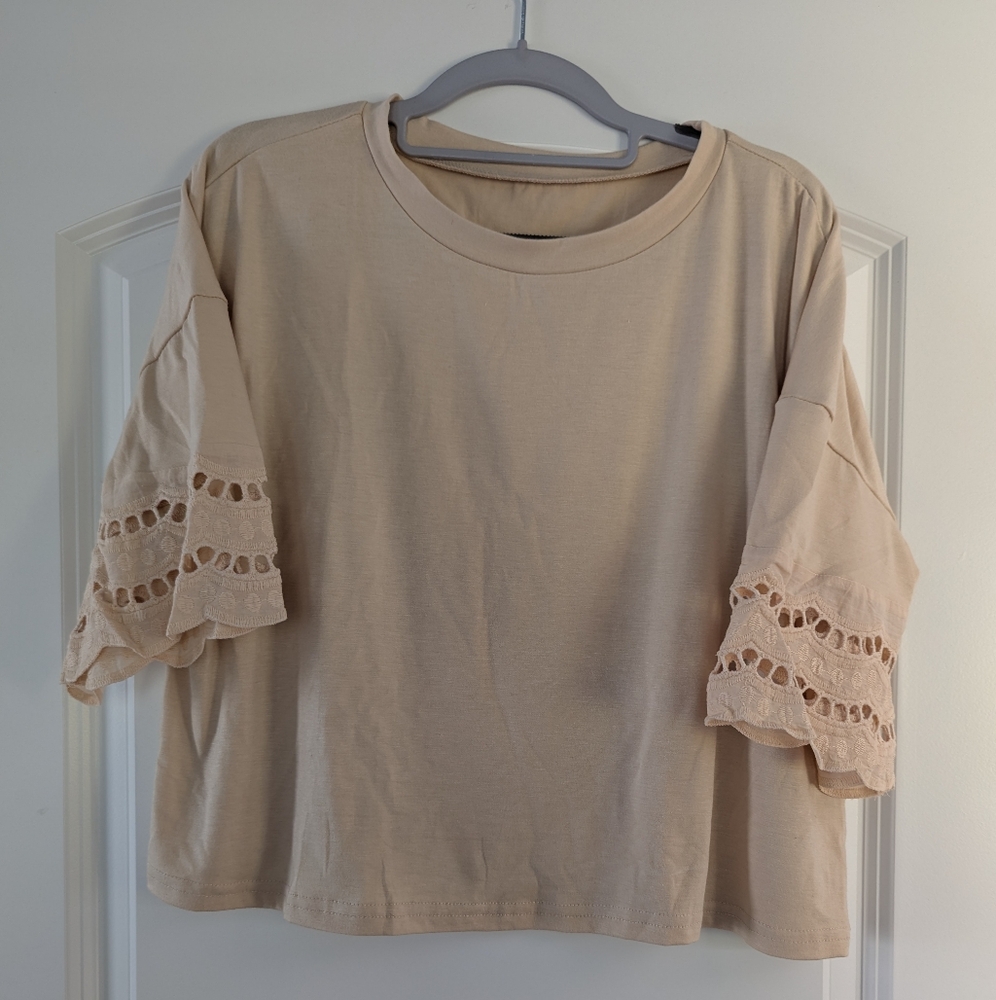 Elegant Beige Women's Top with Lace Sleeves